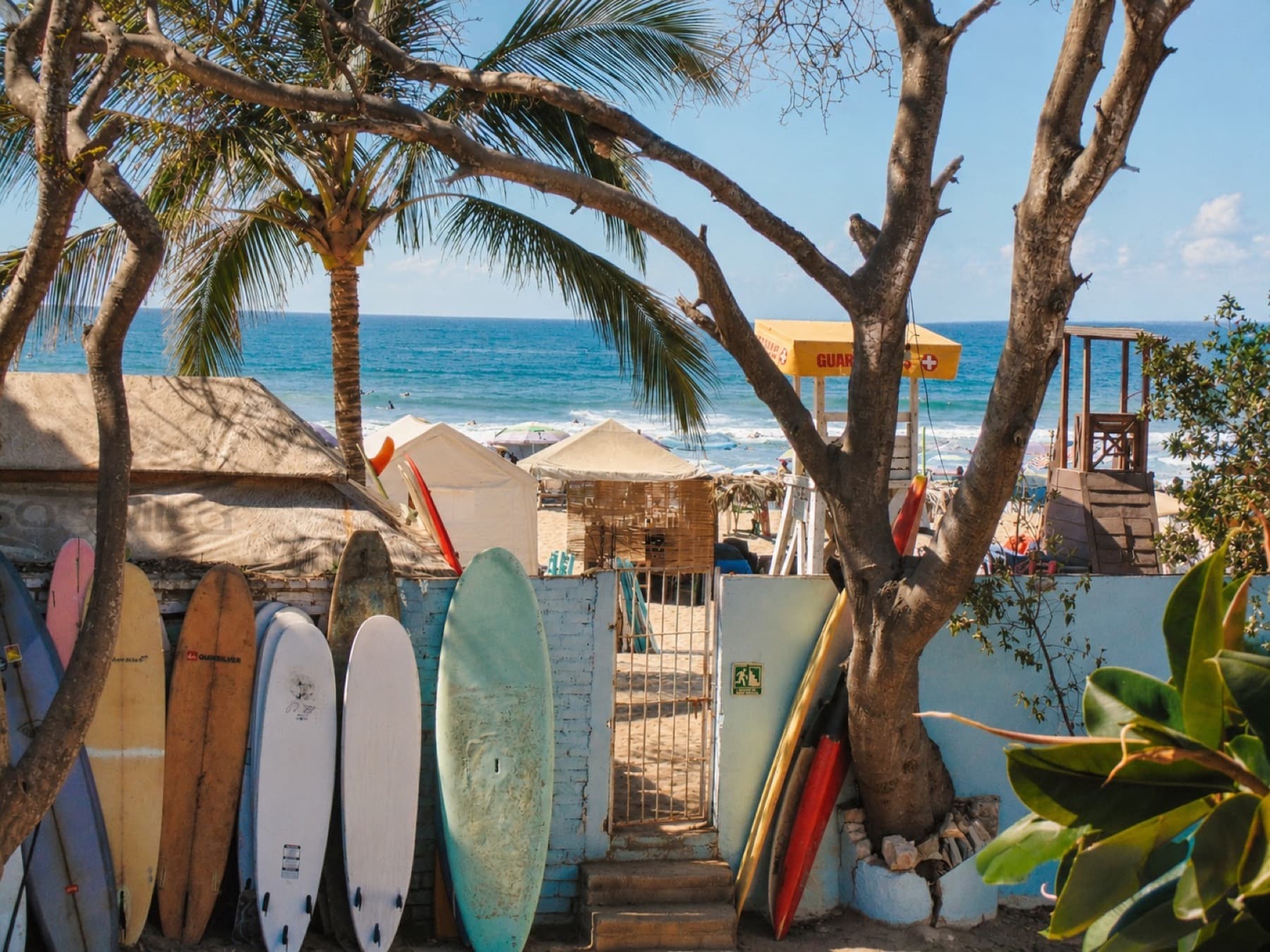 Colorful surfboards leaning against a blue wall at a sunny beach entrance