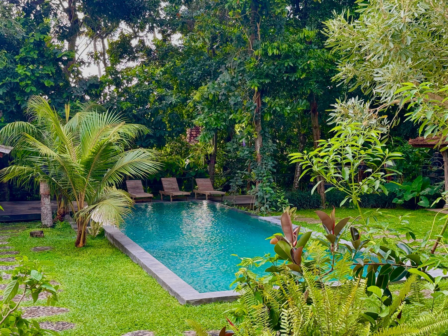 Turquoise pool nestled in a lush tropical garden with lounge chairs